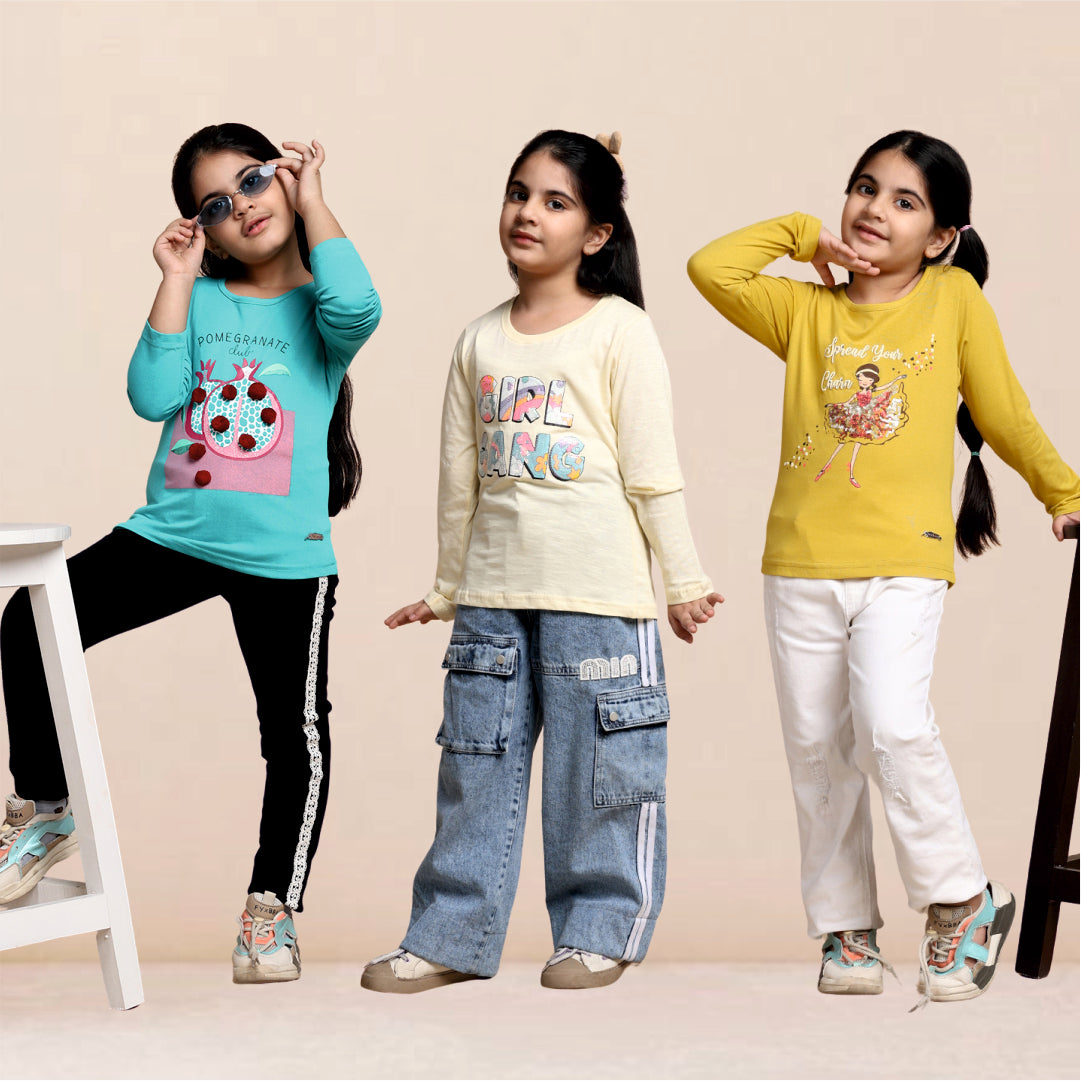 FS-01 GIRLS  FULL SLEEVE COTTON T-SHIRT PACK OF 3