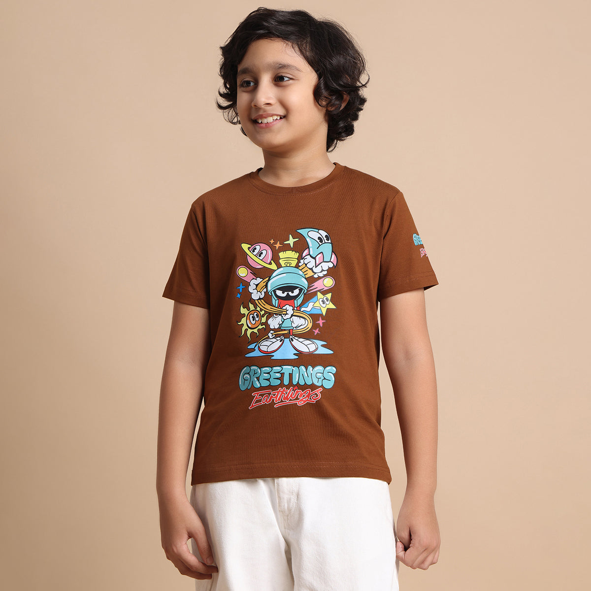 YB-28 BROWN  BOYS  FRONT BACK PRINT T-SHIRT