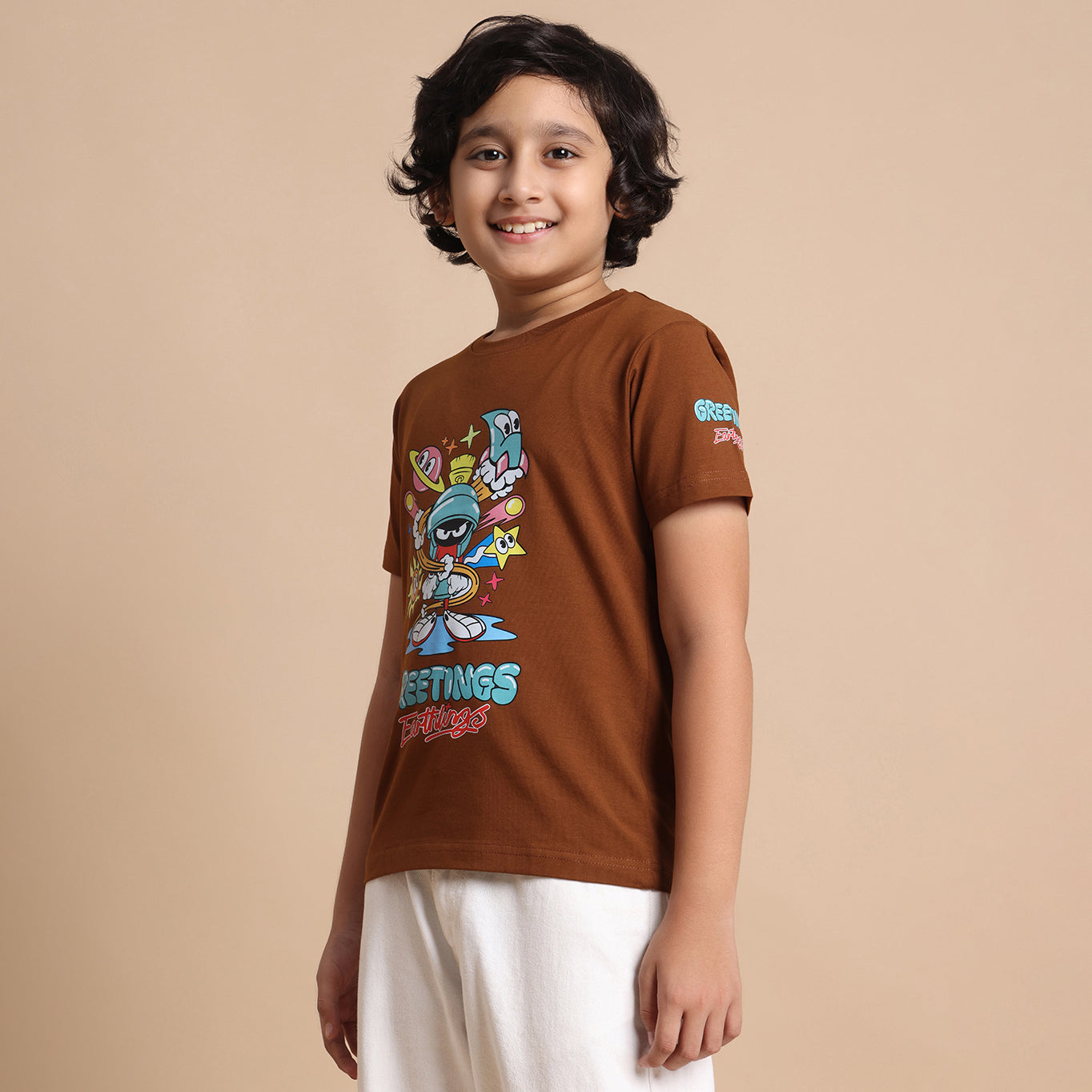 YB-28 BROWN  BOYS  FRONT BACK PRINT T-SHIRT