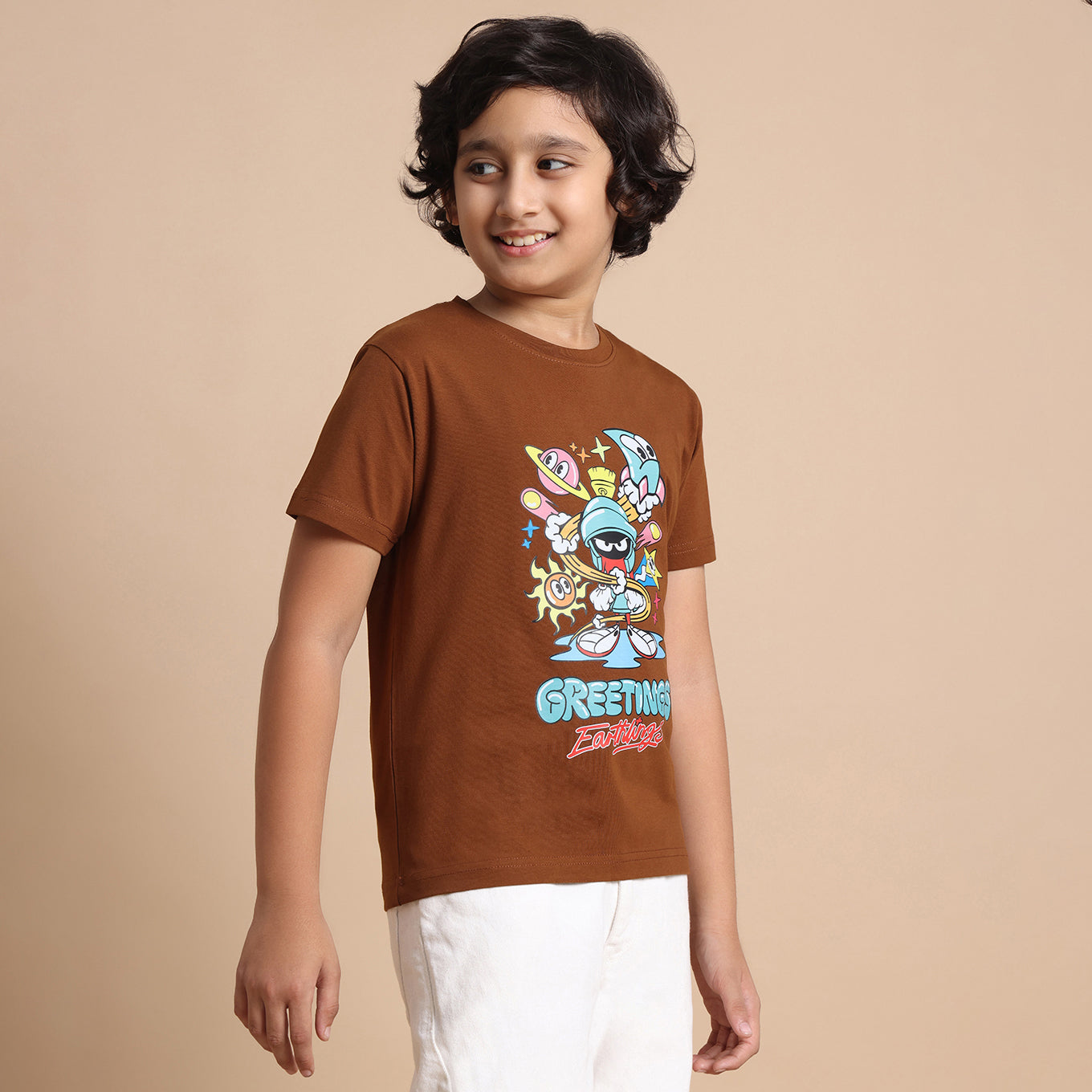 YB-28 BROWN  BOYS  FRONT BACK PRINT T-SHIRT