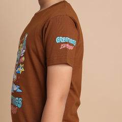 YB-28 BROWN  BOYS  FRONT BACK PRINT T-SHIRT